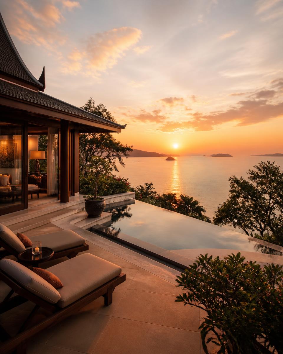 Terraza de villa de lujo en Tailandia frente al mar al atardecer