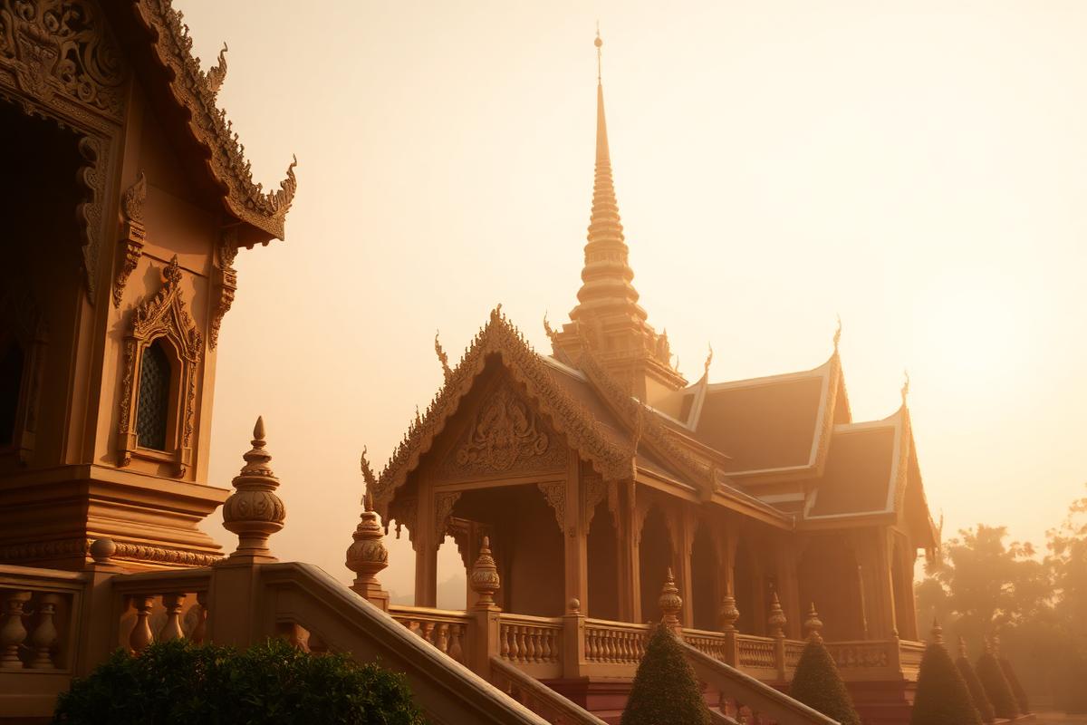 Templo tailandés dorado con luz cálida al amanecer